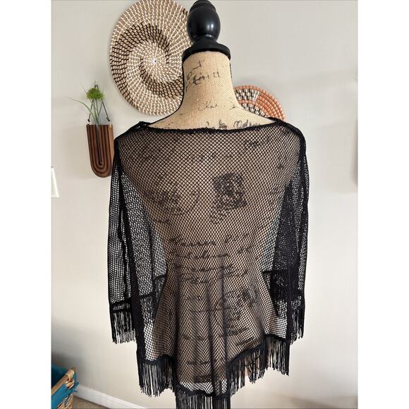 Black Vintage Mesh Fringe Kimono Shawl - Boho Witchy Goth - Picture 3 of 4